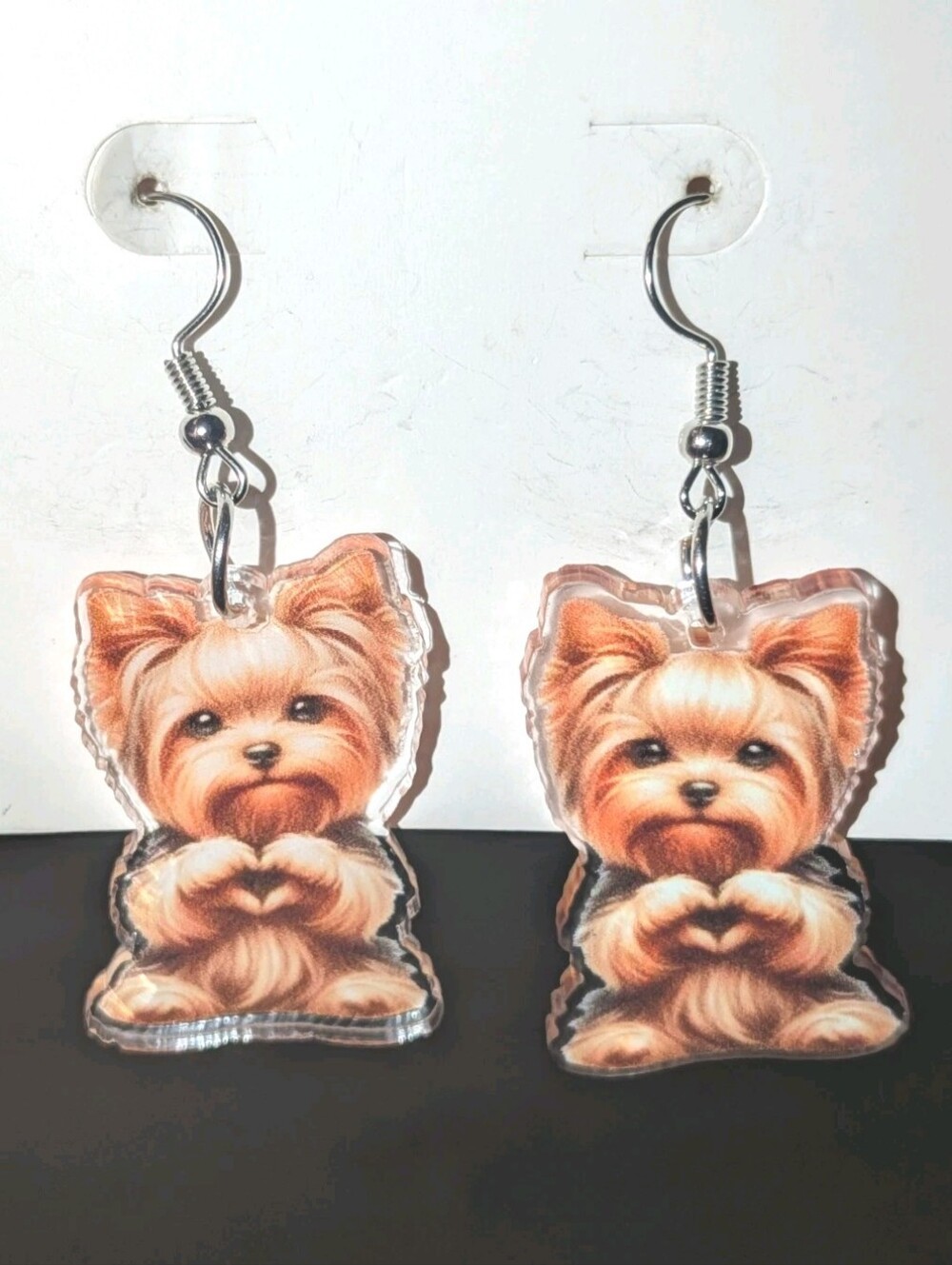 Hand Crafted Cute Yorkie Puppy Acrylic Dangle Earrings - Brown